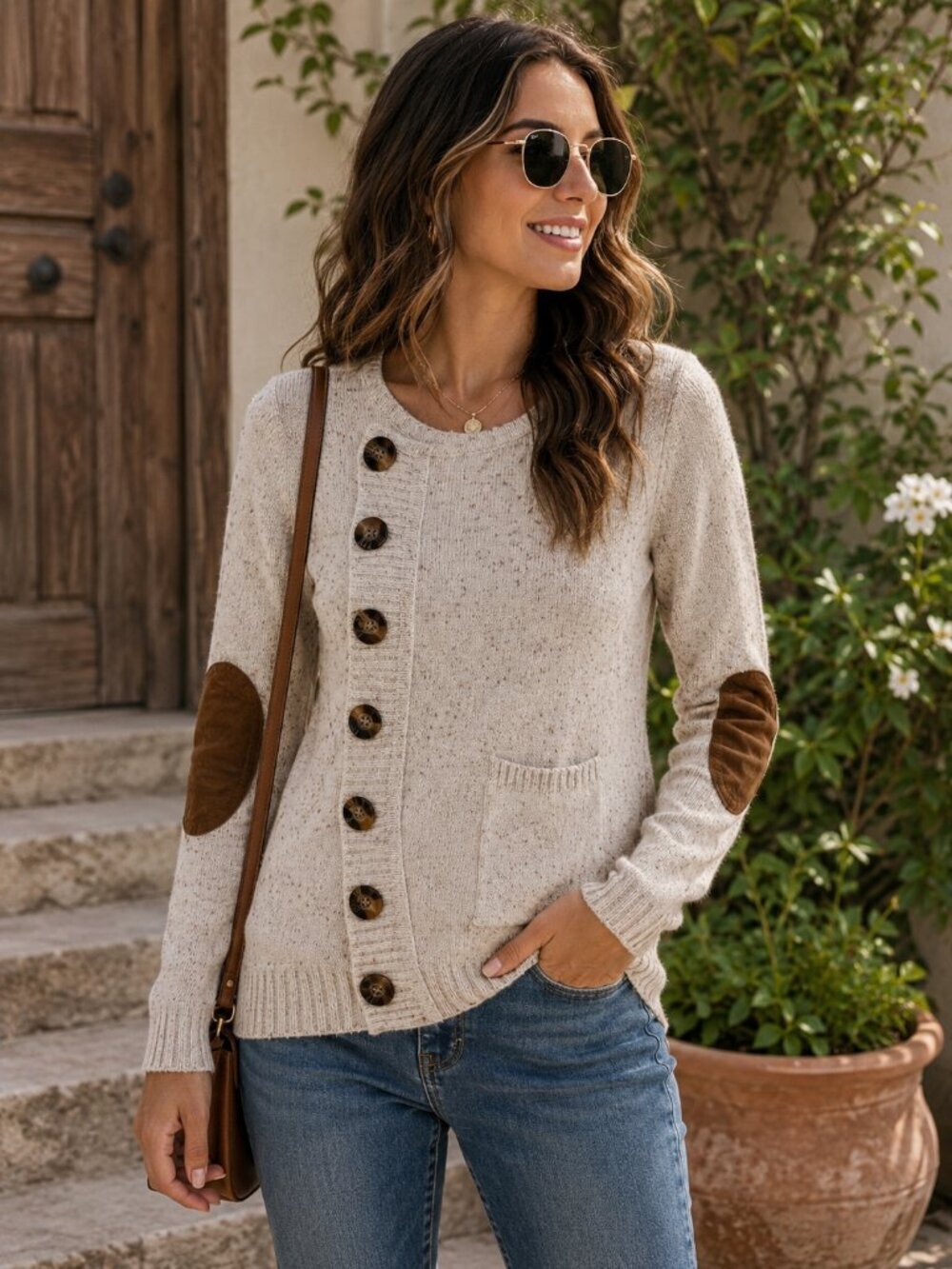 Vero Moda Oatmeal Speckled Button Cardigan Sweater w/ Elbow Patches XS